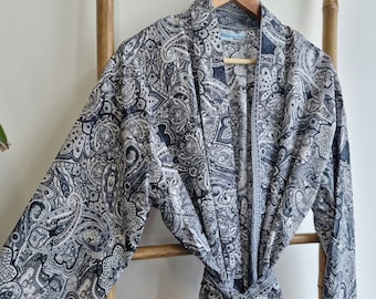 Men's Silky Boho Kimonos Man House Beach Artist Robe Regal Paisley Garden Black White Nomad Monochrome Elegant Magic |Gift Lover Dad Husband