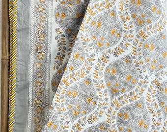 Pure Soft Cotton Indian Floral Dohar Reversible Bed/Sofa Throw Summer Light Quilt | Pastel White Muted Grey Mustard Mughal Motif