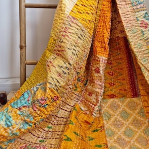 Kantha Stitch Pure Silk Cotton Reversible Bed Sofa Room Throw King Size Silk Dohar Patchwork Indian Handmade Elegant Turmeric Yellow Ikat