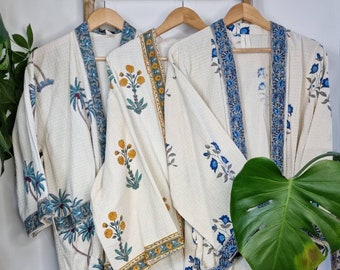 Pure Waffle Cotton Handprinted House Bath Robe Summer Kimono | Floral Spa Beach Coverup | Spring Pastel White Blue Yellow Botanical Garden