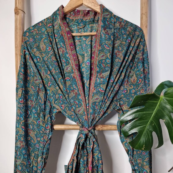 Men's Silk Boho Kimonos Man House Beach Artist Robe - Emerald Green Maroon Paisley Dream Regal Romance