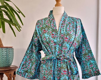 Pure Cotton Indian Block printed House Robe Summer Kimono | Floral Beach Coverup/Comfy Maternity Deep Turquoise Green Pink Exotic Magic