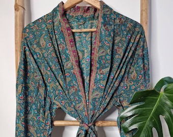 Men's Silk Boho Kimonos Man House Beach Artist Robe - Emerald Green Maroon Paisley Dream Regal Romance