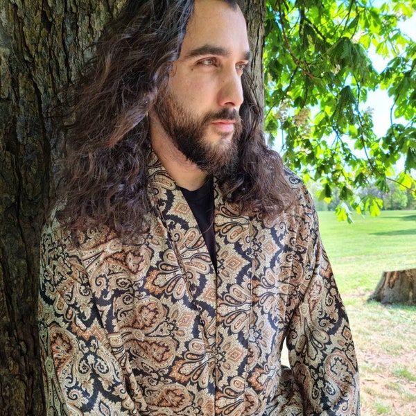 Men's Silky Boho Kimonos Man House Beach Artist Royal Robe | Midnight Black Beige Bronze Regal Persian | Autumn Winter Hues | Lover Gift