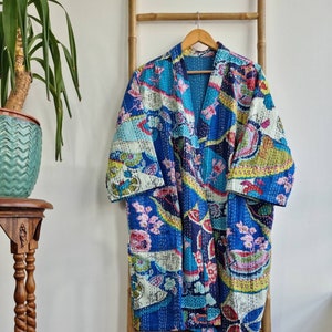 Kantha Cotton Reversible Kimono Mid Knee Length Jacket Unisex Robe Handmade | Blue Bohemia Tropical Burst Paradise | Christmas Quirky Vibe