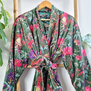 Luxury Velvet House Robe Unisex Kimono Boho Jacket Reversible Indian Silk Lined Quirky Winter Warm Gift Deep Green Exotic Bird | Mother Love