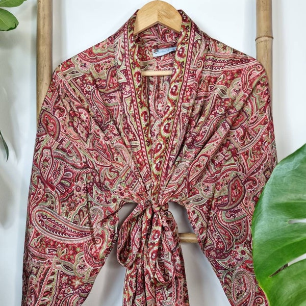 Men's Silk Boho Kimonos Man House Beach Artist Robe Red White Green Paisley Mughal Regal Valentine Romance | Husband Lover Gift