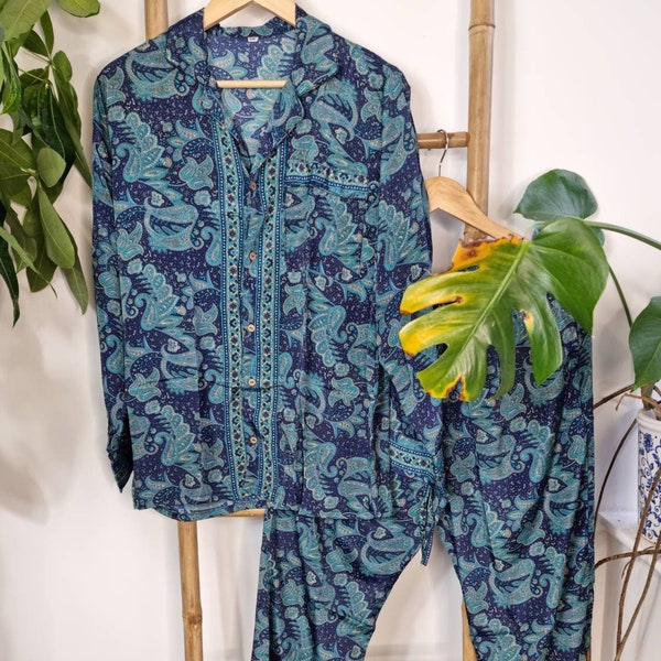 New Silky Sari Pyjama Set Night Suit Sleep Wear Luxury Lounge Boho Royal House Digital Print Flowy | Navy Turquoise Paisley| Valentine Gift