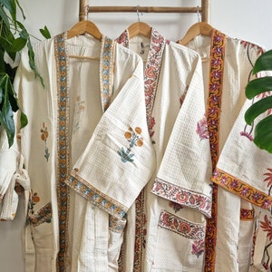 Pure Waffle Cotton Handprinted House Bath Robe Summer Kimono | Floral Spa Beach Coverup | Spring Pastel White Yellow Marigold English Garden