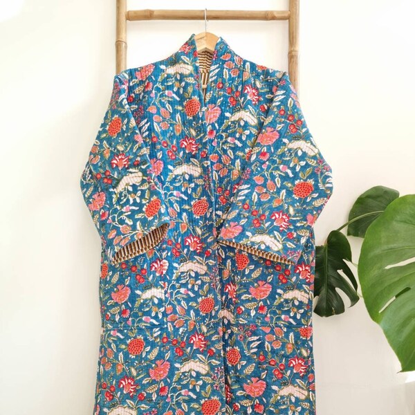 Quilted Unisex Pure Cotton Reversible Long Length Autumn Winter Dressing Boho Kimono Robe HandBlockprint Floral Blossom Deep Teal Red Olive