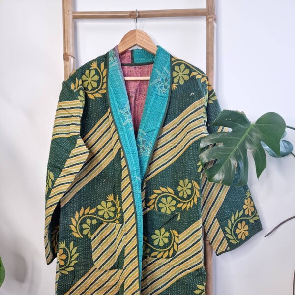 Fine Vintage Kantha Mid Length All Season Bohemian Melange Artist | Unisex Front Open Jacket Autumn | Forest Green Beige Yellow Aqua Pink |