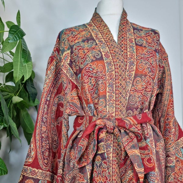 Luxury Pure Merino Boiled Wool Unisex Paisley Floral Kimono Jacket Robe | Persian Oriental Red Paisley Desire Romance| Winter Valentine Gift