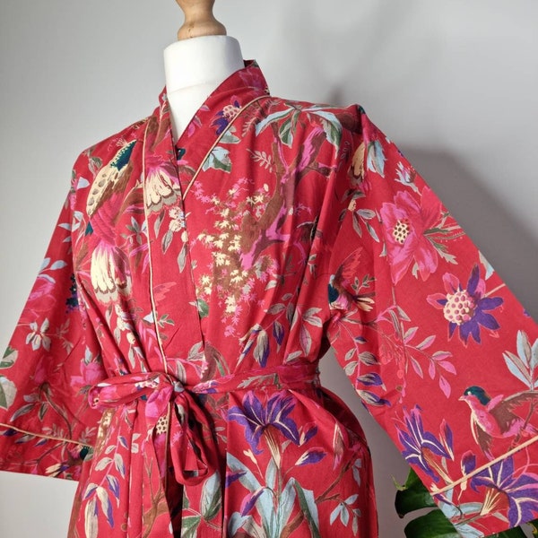 Pure Cotton Handprinted House Robe Tropical Kimono | Red Birds of Paradise Beach Coverup/Comfy Maternity | Couple Set Gift Christmas Vibe