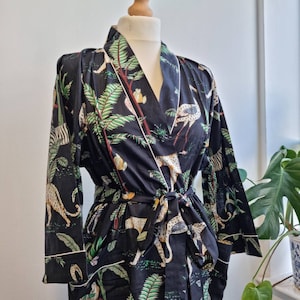 Pure Cotton Indian Block printed House Robe Summer Kimono | Floral Beach Coverup/Comfy Maternity Mom | Classic Black Safari Animal Print