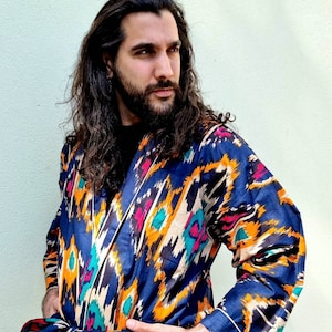 Men’s Cotton Block print House Robe Boho Kimono | Navy Aqua Mustard White Blue Ikat print | Elegant Quirky Man Gifts |