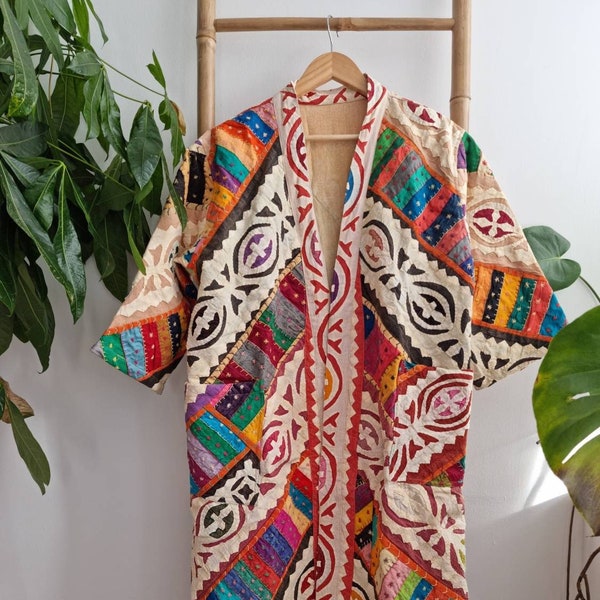 Unisex Cotton Tribal Long Length Patchwork Appliqué Reversible Kimono Open Jacket Robe |Handmade Eco-fashion | Boho Gift Beige Multicolour |