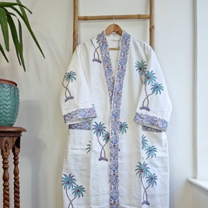 Pure Waffle Cotton Handprinted House Bath Robe Summer Kimono | Floral Spa Beach Coverup | Spring Pastel White Purple Blue Palm Tree Garden