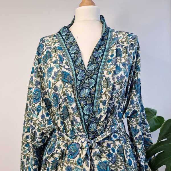 New Silky Sari Boho Kimono Regal House Robe - Luxury Lounge Digital Print Flowy Gown | White Aqua Oriental Floral Dream Duster Beach Coverup