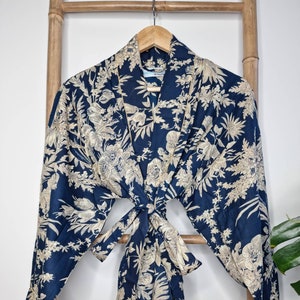 Men’s Cotton Handprinted House Robe Kimono | Regal Aquamarine Deep Blue Midnight Garden Romance | Oriental Love Blossom