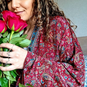 New Silk Sari Boho Kimono Regal House Robe Luxury Lounge Digital Print Flowy Gown | Regal Red Green Paisley | Floral Romance Duster Coverup