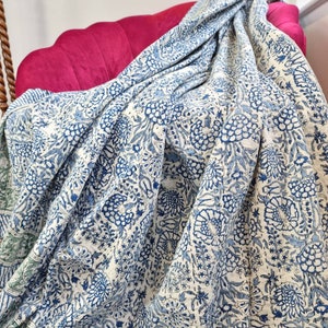 Kantha Stitch Pure Cotton Reversible Bed/Sofa Throw King Size | Handmade HandPrinted Floral Dohar | White Blue Garden Petal Leaves Stripe