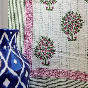 Kantha Stitch Pure Cotton Reversible Bed/Sofa Throw King Size | Handmade HandPrinted Floral Dohar | White Pink Green Pomegranate Tree Motif