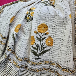 Kantha Stitch Pure Cotton Reversible Bed/Sofa Throw King Size | Handmade HandPrinted Floral Dohar White Yellow Green Marigold Garden Stripe