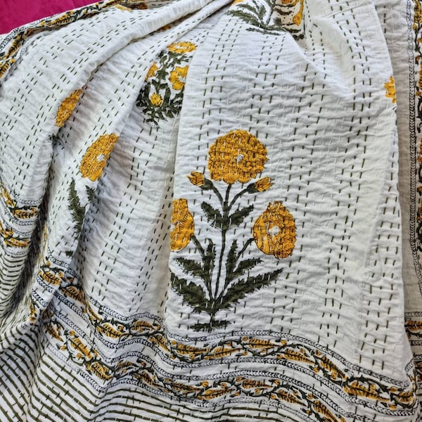Kantha Stitch Pure Cotton Reversible Bed/Sofa Throw King Size | Handmade HandPrinted Floral Dohar White Yellow Green Marigold Garden Stripe