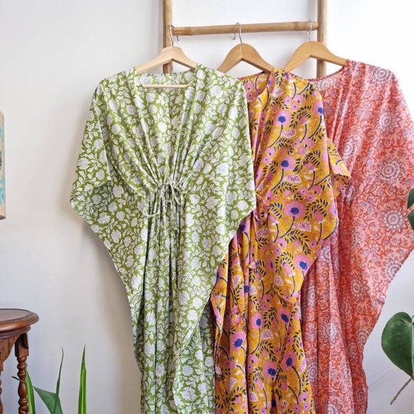 Reine Baumwolle Kaftan Langes Kleid Indische Blockprint Sommer Kimono Floral Strand Vertuschung Bequeme Mutterschaft Frühling Blatt Hellgrün Paradies Blüte