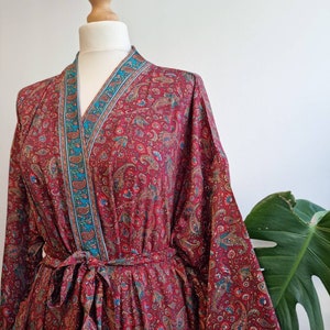 New Silk Sari Boho Kimono Regal House Robe Luxury Lounge Digital Print Flowy Gown Regal Red Green Paisley Floral Romance Duster Coverup image 3