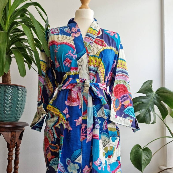 Pure Cotton Indian Block printed House Robe Summer Kimono | Floral Beach Coverup/Comfy Maternity Happy Bright Blue Oriental Floral Vision