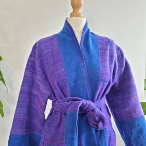 Unisex Stripe Yak Wool Blend Kimono/House Lounge Robe | Classic Elegant Cosy Warm Wrap Dressing Gown | UK 10-14 | Purple Aqua Turquoise Blue