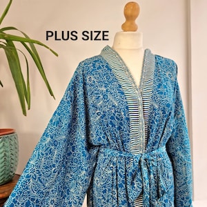 Plus Size Boho Kimono Regal House Robe - Luxury Lounge Digital Print Flowy Gown | Bright Blue Rose Lover Oriental | Floral Duster Beach