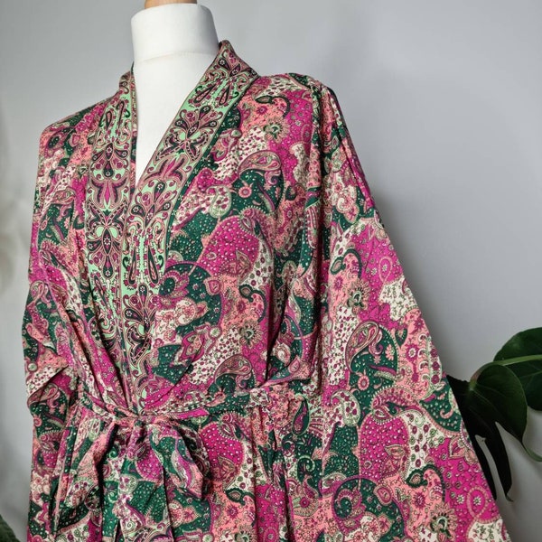 New Silk Sari Boho Kimono Regal House Robe Luxury Lounge Flowy Gown Cream Rich Hot Pink Emerald Paisley Floral Duster Beach Coverup