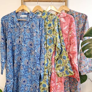 Night Shirt Luxury Soft Cotton Indian Hand Block Pastel Blue Floral Lounge Sleepwear Nightdress Girls Pyjama Party Bridesmaid Hens