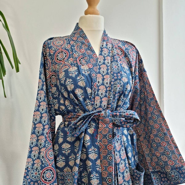 Pure Cotton Ajrakh Blue Indigo Indian Block print House Robe Summer Kimono Dressing Gown Coverup/Comfy Maternity Mom Patchwork Geometric