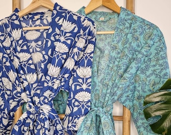 Pure Cotton Handprinted Kimono Knee Length House Robe Beach Coverup/Comfy Maternity Royal Blue Lotus White Pastel Sky Turquoise Floral