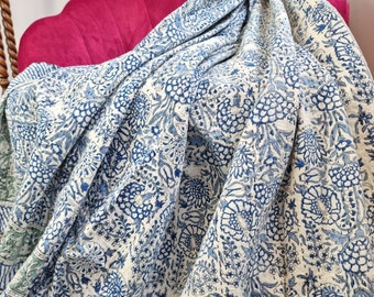 Kantha Stitch Pure Cotton Reversible Bed/Sofa Throw King Size | Handmade HandPrinted Floral Dohar | White Blue Garden Petal Leaves Stripe