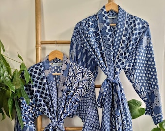 Pure Cotton Indigo Blue White Patchwork Printed House Dressing Robe Spa Kimono Beach Coverup/Comfy Maternity New Mom Couple Set His Her Gift