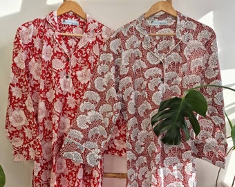 Night Shirt Luxury Soft Cotton Indian Hand Block Red White Botanical Bloom Lounge Sleepwear Nightdress Girls Pyjama Party Bridesmaid Hens