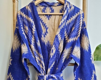 Unisex Yak Wool Blend Floral Kimono/Robe – Regal Bright Urban Voilet Blue Cream Geometric Diamonds Aztec Print