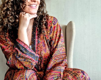 New Silky Sari Boho Kimono Regal House Robe Luxury Lounge Flowy Gown | Paisley Floral Duster Coverup | Spring Queen Peach Yellow Orange Blue