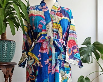 Pure Cotton Indian Block printed House Robe Summer Kimono | Floral Beach Coverup/Comfy Maternity Happy Bright Blue Oriental Floral Vision