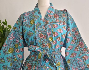 Pure Cotton Handprinted Kimono Knee Length House Robe Beach Coverup/Comfy Maternity  - Turquoise Marigold Lime Pink Garden Spring Blossom