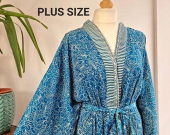 Plus Size Boho Kimono Regal House Robe - Luxury Lounge Digital Print Flowy Gown | Bright Blue Rose Lover Oriental | Floral Duster Beach