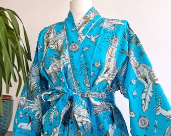 Pure Cotton Indian Block printed House Robe Summer Kimono | Beach Coverup/Comfy Maternity Mom | Sky Turquoise Tropical Animal Totem Jungle