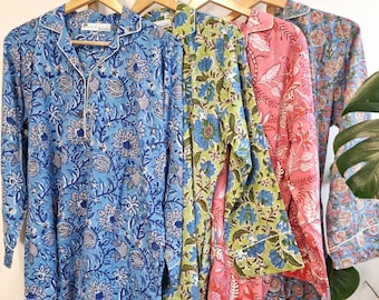 Camisa de noite luxuosa de algodão macio indiano com bloco de mão pastel azul floral pijama para meninas festa dama de honra despedidas de solteira