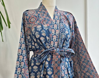 Reine Baumwolle Ajrakh Blau Indigo Indischer Block print Haus Robe Sommer Kimono Morgenmantel Vertuschung / Gemütliche Mutterschaft Mutter Patchwork Geometrisch