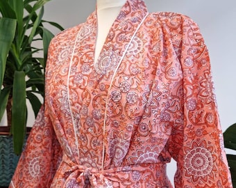Pure Cotton Indian Block printed House Robe Summer Kimono | Floral Beach Coverup/Comfy Maternity Spring Coral Orange Peach Mandala Magic