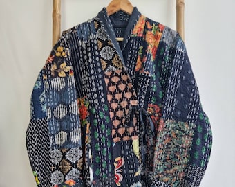 Kantha Reversible Short Length Spring Bolero Bohemian Melange Artist Unisex Front Tie Open Jacket Black Hue Quirky Festival Patchwork